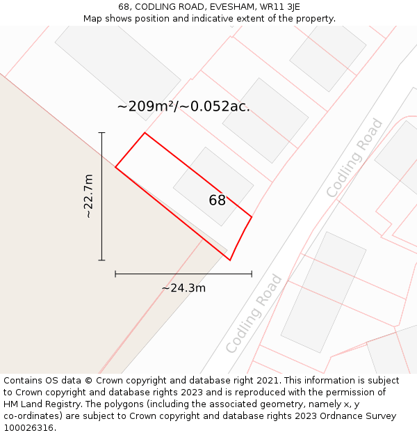 68, CODLING ROAD, EVESHAM, WR11 3JE: Plot and title map