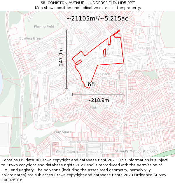 68, CONISTON AVENUE, HUDDERSFIELD, HD5 9PZ: Plot and title map