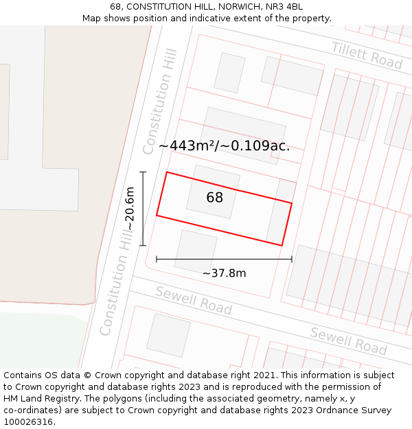 68, CONSTITUTION HILL, NORWICH, NR3 4BL: Plot and title map