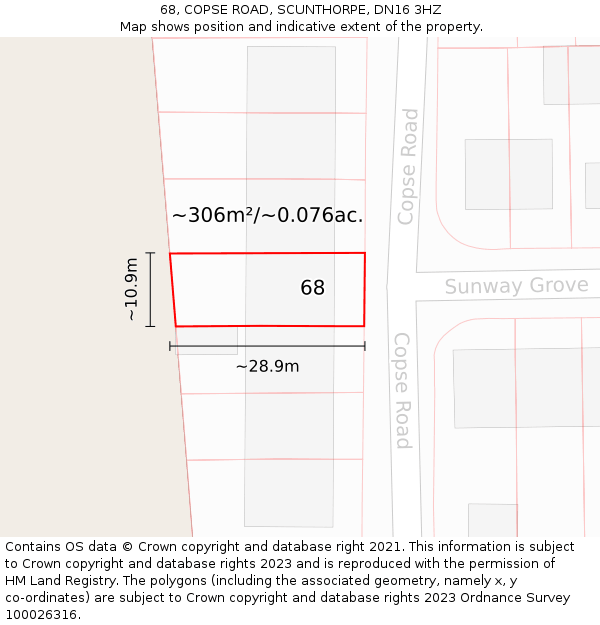 68, COPSE ROAD, SCUNTHORPE, DN16 3HZ: Plot and title map