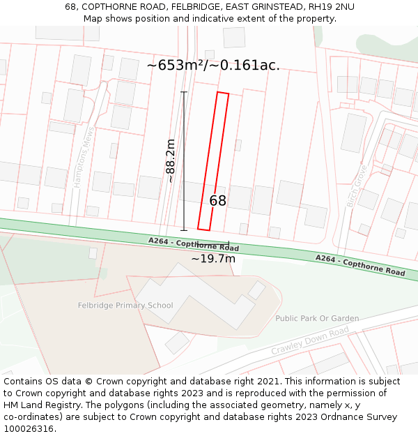 68, COPTHORNE ROAD, FELBRIDGE, EAST GRINSTEAD, RH19 2NU: Plot and title map