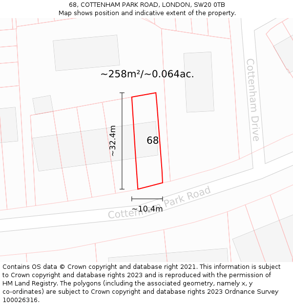 68, COTTENHAM PARK ROAD, LONDON, SW20 0TB: Plot and title map