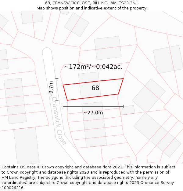 68, CRANSWICK CLOSE, BILLINGHAM, TS23 3NH: Plot and title map