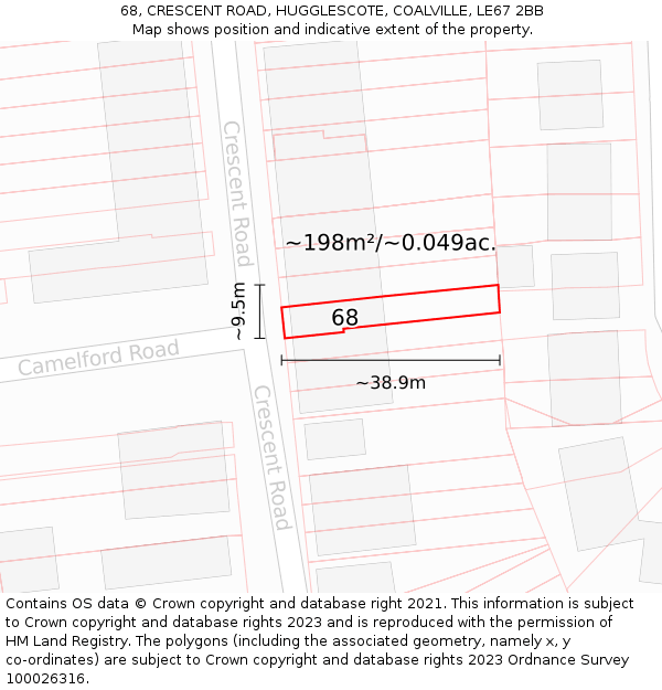 68, CRESCENT ROAD, HUGGLESCOTE, COALVILLE, LE67 2BB: Plot and title map