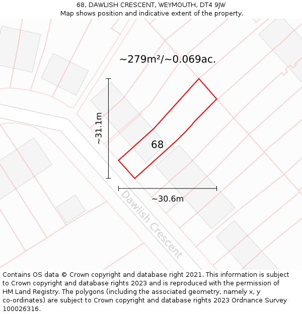 68, DAWLISH CRESCENT, WEYMOUTH, DT4 9JW: Plot and title map