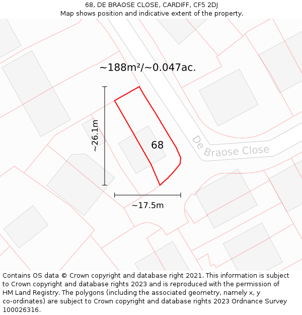 68, DE BRAOSE CLOSE, CARDIFF, CF5 2DJ: Plot and title map