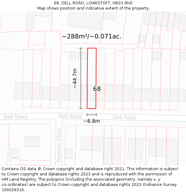 68, DELL ROAD, LOWESTOFT, NR33 9NS: Plot and title map