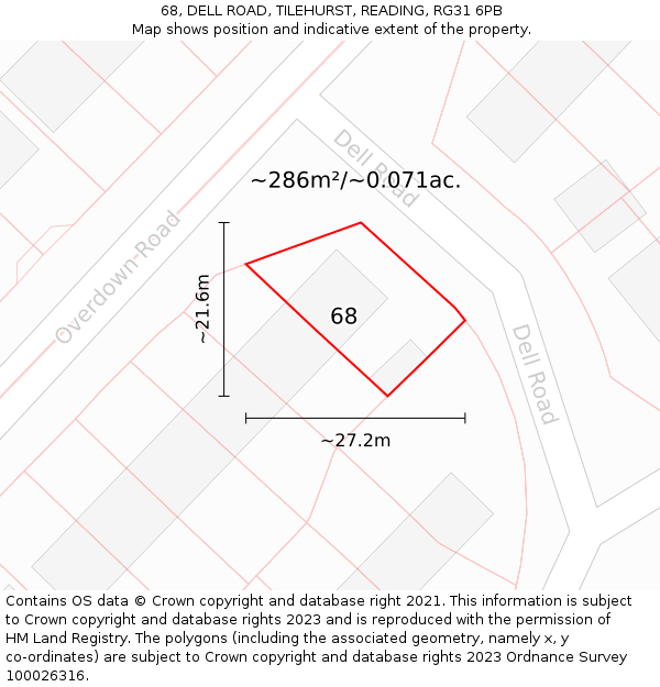 68, DELL ROAD, TILEHURST, READING, RG31 6PB: Plot and title map