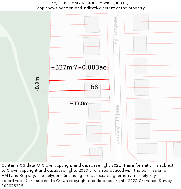 68, DEREHAM AVENUE, IPSWICH, IP3 0QF: Plot and title map