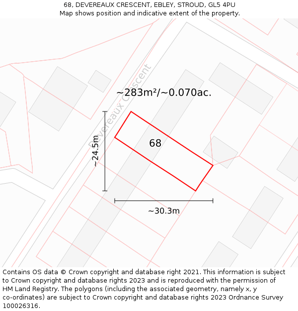68, DEVEREAUX CRESCENT, EBLEY, STROUD, GL5 4PU: Plot and title map
