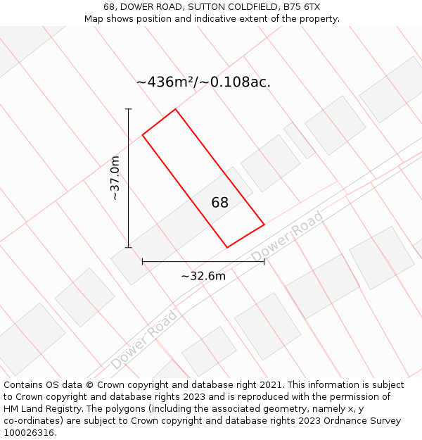 68, DOWER ROAD, SUTTON COLDFIELD, B75 6TX: Plot and title map