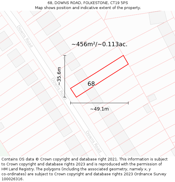 68, DOWNS ROAD, FOLKESTONE, CT19 5PS: Plot and title map