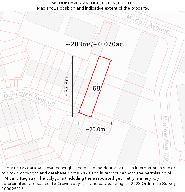 68, DUNRAVEN AVENUE, LUTON, LU1 1TP: Plot and title map