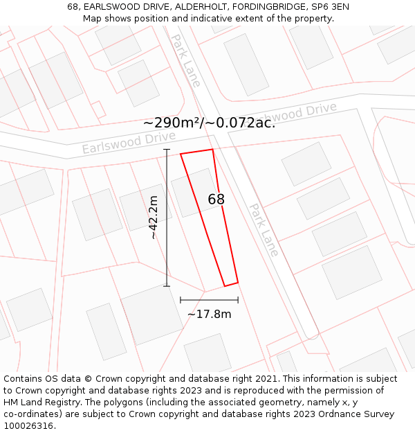 68, EARLSWOOD DRIVE, ALDERHOLT, FORDINGBRIDGE, SP6 3EN: Plot and title map