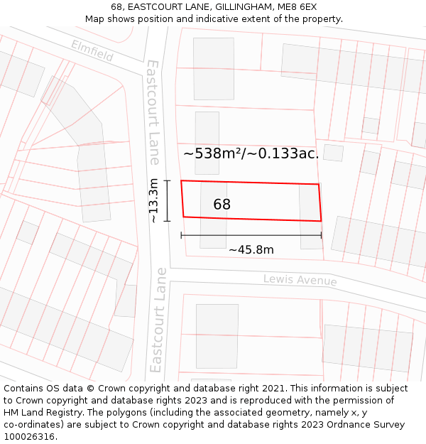 68, EASTCOURT LANE, GILLINGHAM, ME8 6EX: Plot and title map