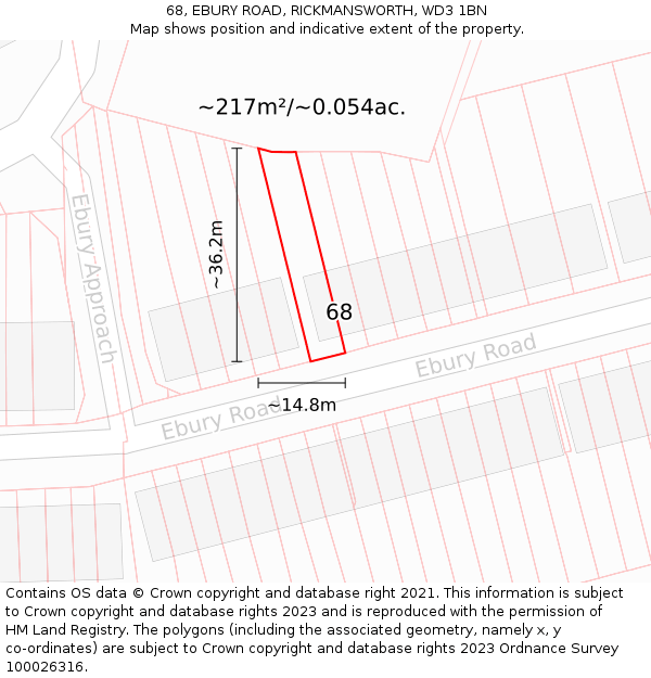 68, EBURY ROAD, RICKMANSWORTH, WD3 1BN: Plot and title map