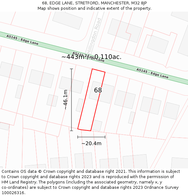 68, EDGE LANE, STRETFORD, MANCHESTER, M32 8JP: Plot and title map