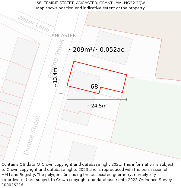 68, ERMINE STREET, ANCASTER, GRANTHAM, NG32 3QW: Plot and title map