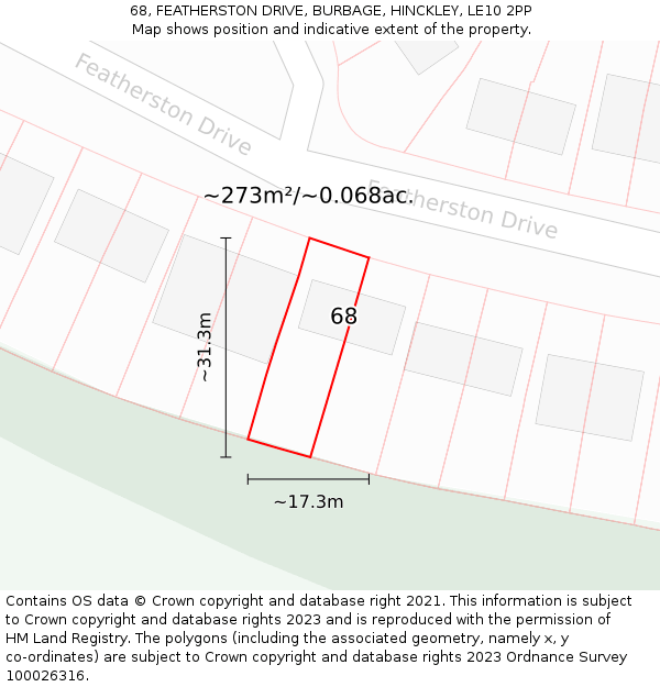 68, FEATHERSTON DRIVE, BURBAGE, HINCKLEY, LE10 2PP: Plot and title map