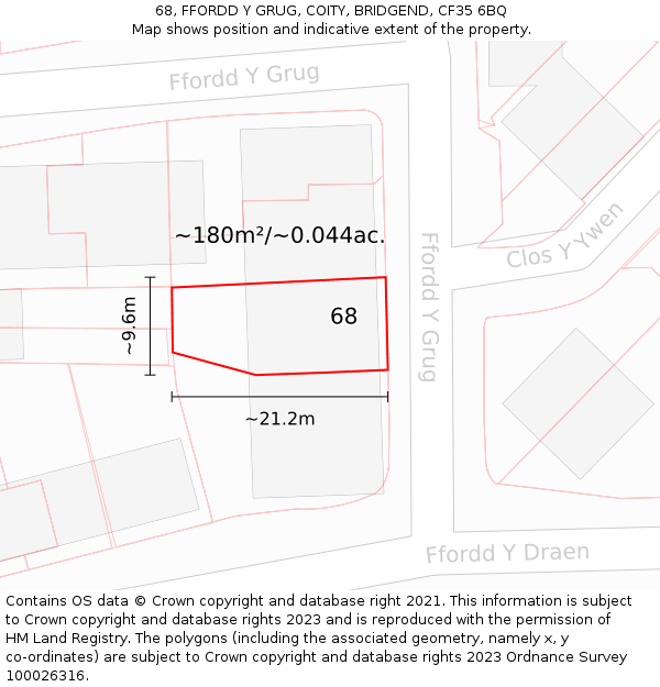 68, FFORDD Y GRUG, COITY, BRIDGEND, CF35 6BQ: Plot and title map