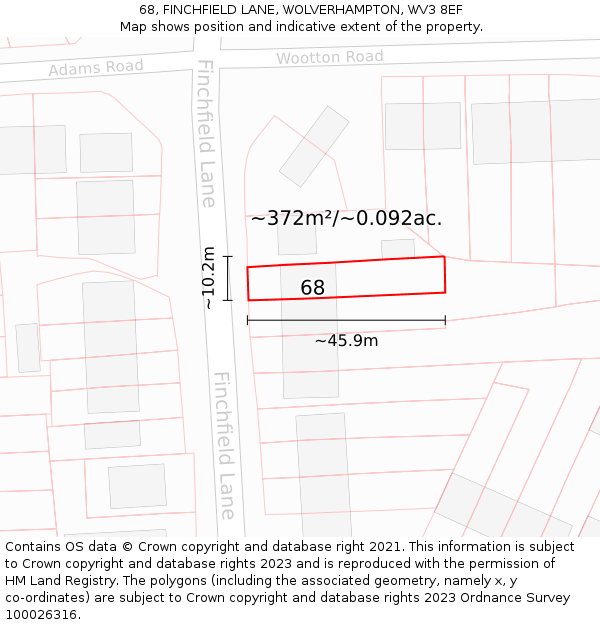 68, FINCHFIELD LANE, WOLVERHAMPTON, WV3 8EF: Plot and title map