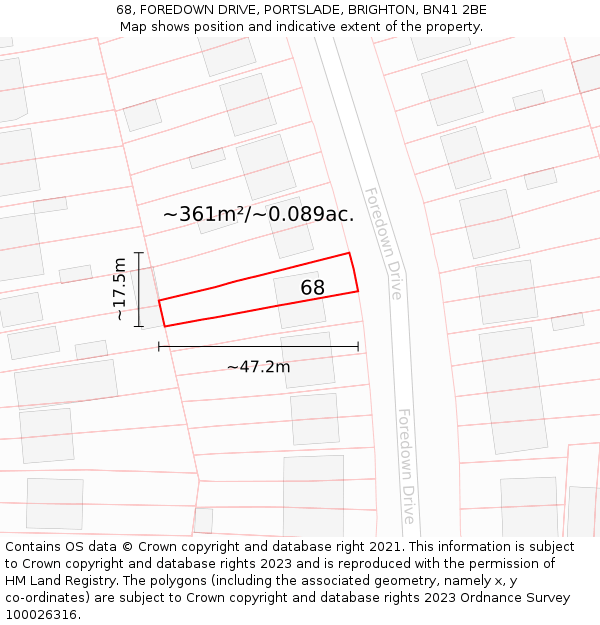 68, FOREDOWN DRIVE, PORTSLADE, BRIGHTON, BN41 2BE: Plot and title map