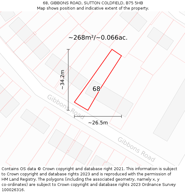 68, GIBBONS ROAD, SUTTON COLDFIELD, B75 5HB: Plot and title map