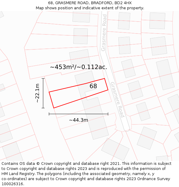 68, GRASMERE ROAD, BRADFORD, BD2 4HX: Plot and title map