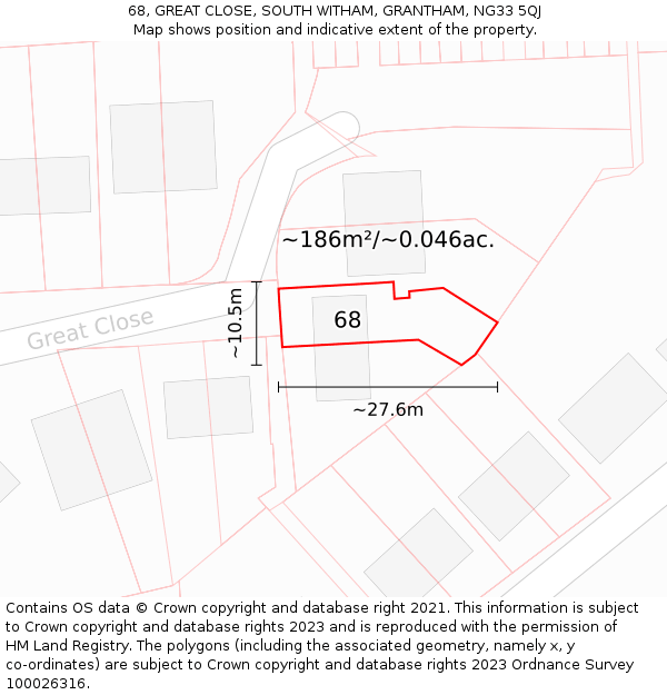 68, GREAT CLOSE, SOUTH WITHAM, GRANTHAM, NG33 5QJ: Plot and title map