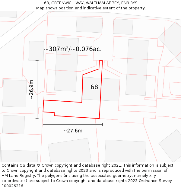 68, GREENWICH WAY, WALTHAM ABBEY, EN9 3YS: Plot and title map