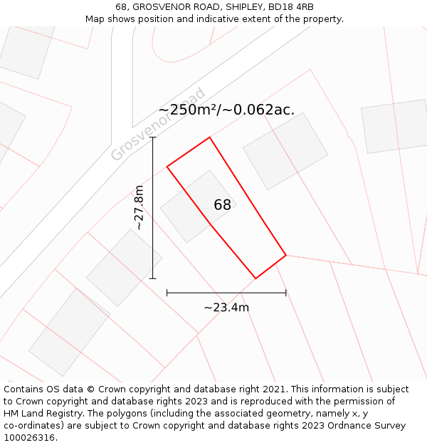 68, GROSVENOR ROAD, SHIPLEY, BD18 4RB: Plot and title map