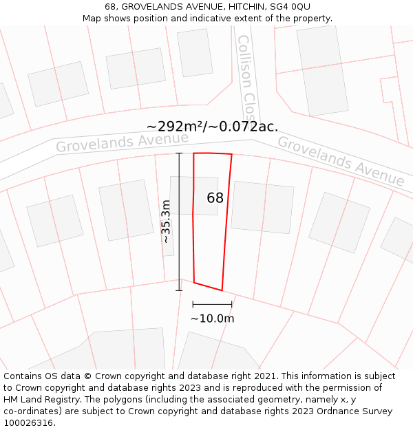 68, GROVELANDS AVENUE, HITCHIN, SG4 0QU: Plot and title map