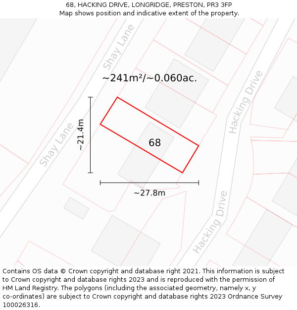 68, HACKING DRIVE, LONGRIDGE, PRESTON, PR3 3FP: Plot and title map