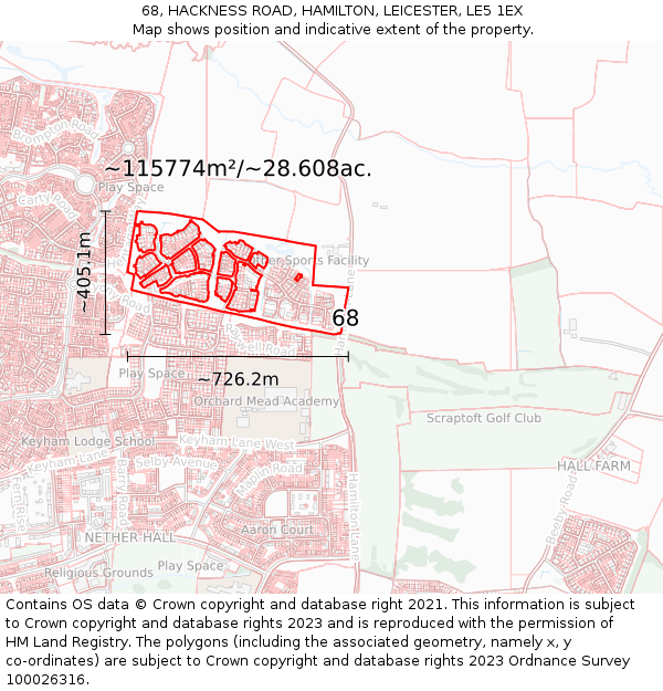 68, HACKNESS ROAD, HAMILTON, LEICESTER, LE5 1EX: Plot and title map