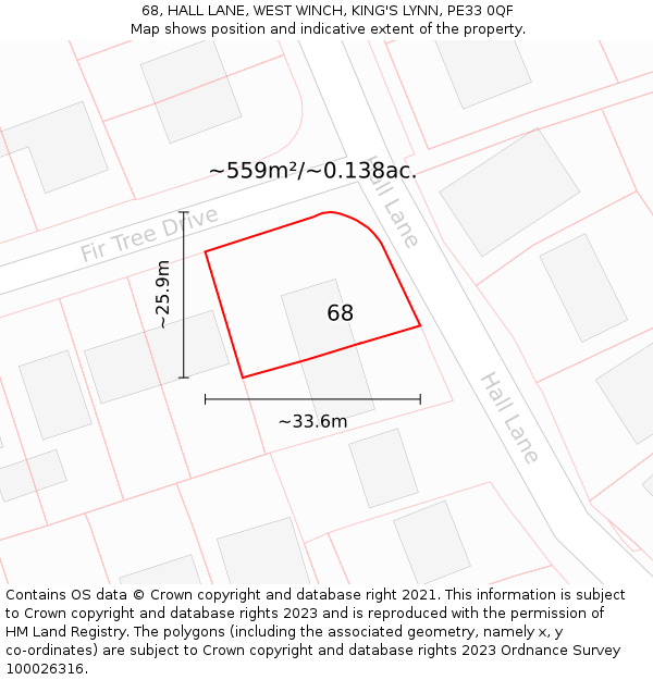 68, HALL LANE, WEST WINCH, KING'S LYNN, PE33 0QF: Plot and title map