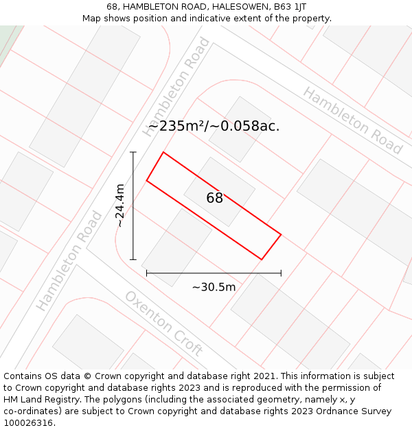 68, HAMBLETON ROAD, HALESOWEN, B63 1JT: Plot and title map