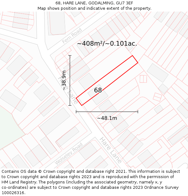 68, HARE LANE, GODALMING, GU7 3EF: Plot and title map
