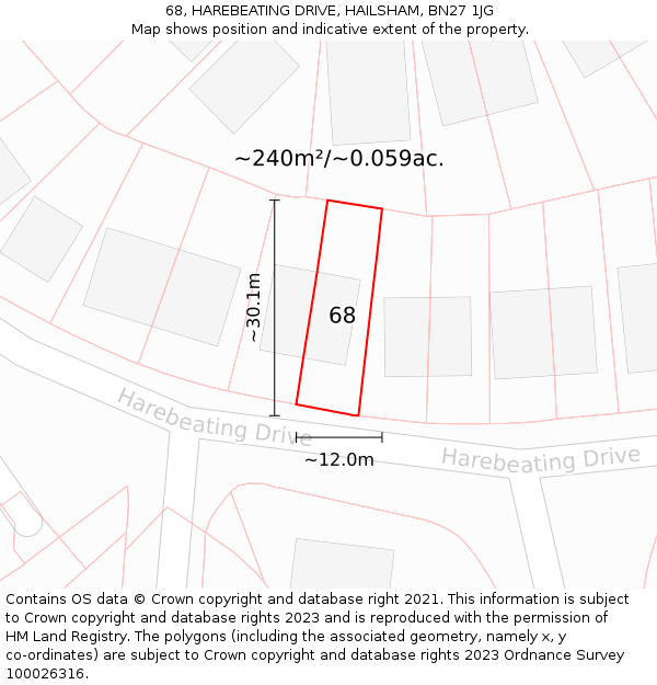 68, HAREBEATING DRIVE, HAILSHAM, BN27 1JG: Plot and title map