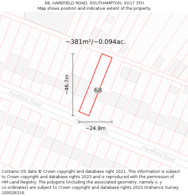 68, HAREFIELD ROAD, SOUTHAMPTON, SO17 3TH: Plot and title map