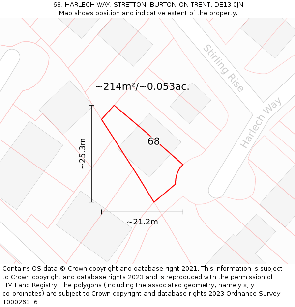 68, HARLECH WAY, STRETTON, BURTON-ON-TRENT, DE13 0JN: Plot and title map