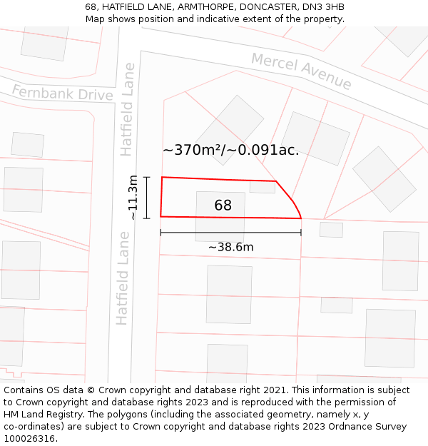 68, HATFIELD LANE, ARMTHORPE, DONCASTER, DN3 3HB: Plot and title map