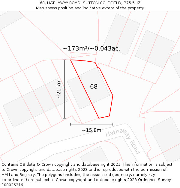 68, HATHAWAY ROAD, SUTTON COLDFIELD, B75 5HZ: Plot and title map