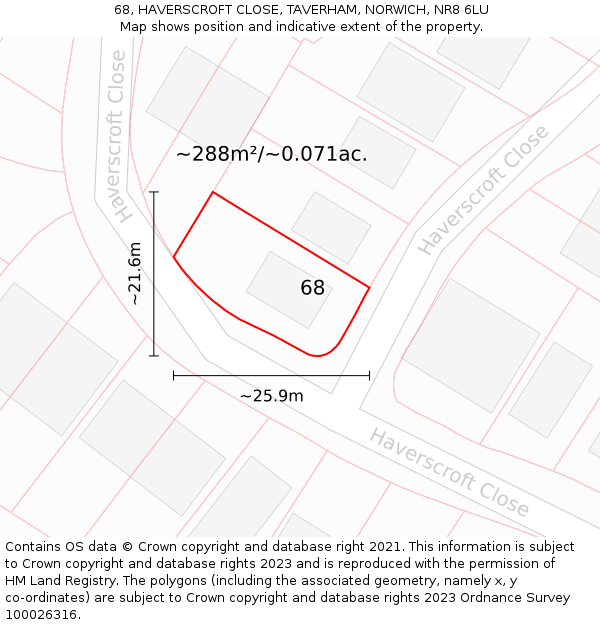 68, HAVERSCROFT CLOSE, TAVERHAM, NORWICH, NR8 6LU: Plot and title map