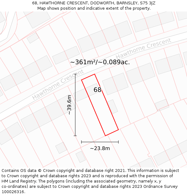 68, HAWTHORNE CRESCENT, DODWORTH, BARNSLEY, S75 3JZ: Plot and title map