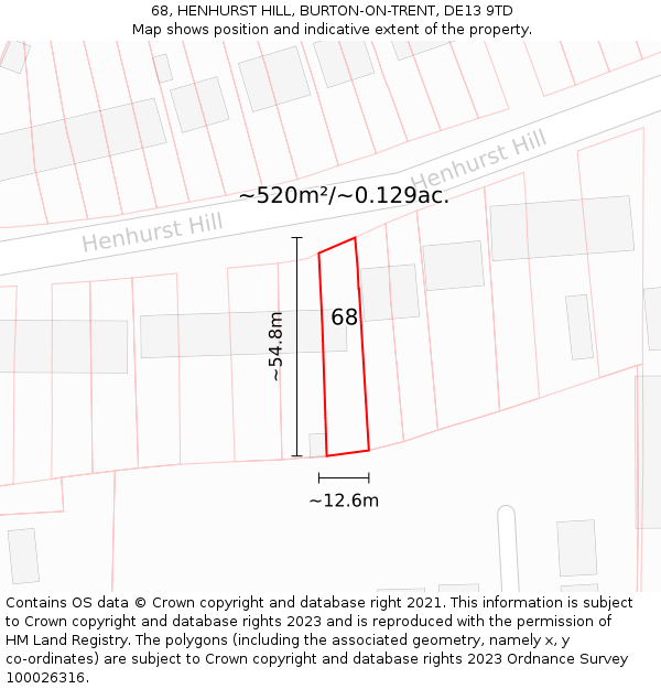 68, HENHURST HILL, BURTON-ON-TRENT, DE13 9TD: Plot and title map