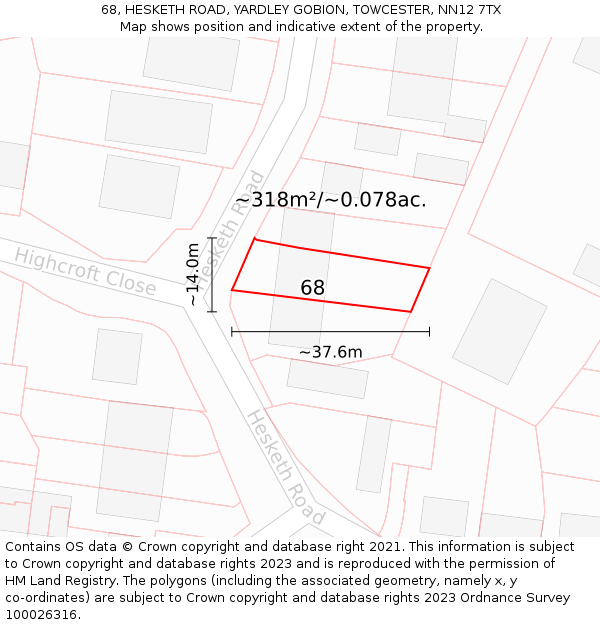 68, HESKETH ROAD, YARDLEY GOBION, TOWCESTER, NN12 7TX: Plot and title map