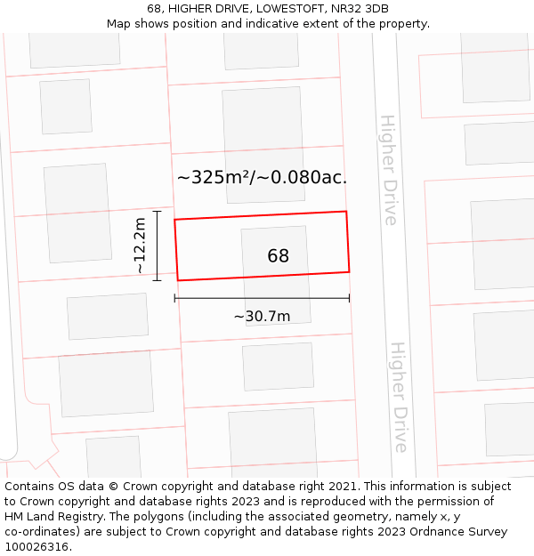 68, HIGHER DRIVE, LOWESTOFT, NR32 3DB: Plot and title map