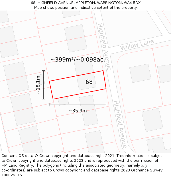 68, HIGHFIELD AVENUE, APPLETON, WARRINGTON, WA4 5DX: Plot and title map