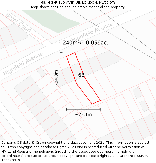 68, HIGHFIELD AVENUE, LONDON, NW11 9TY: Plot and title map