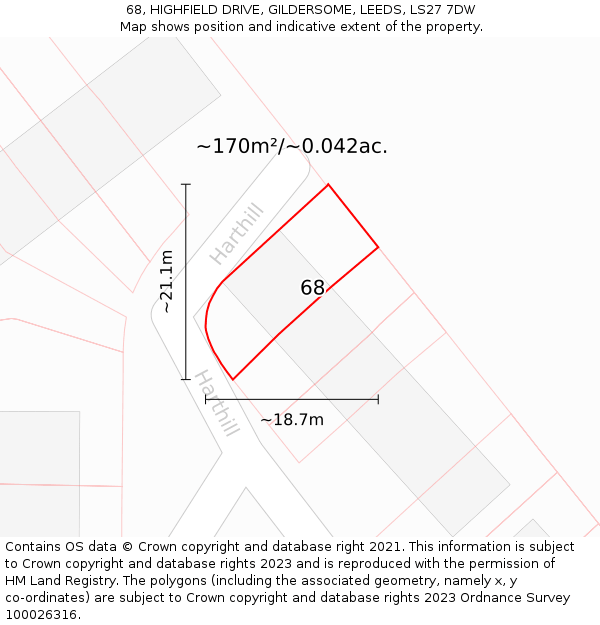 68, HIGHFIELD DRIVE, GILDERSOME, LEEDS, LS27 7DW: Plot and title map